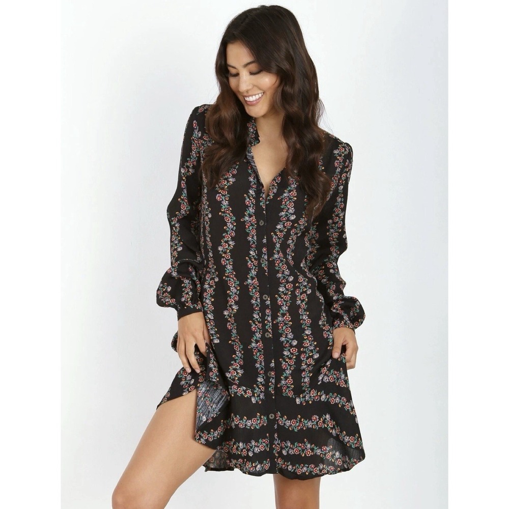 Free People Women's XS Black Floral Shirt Dress Colorful Button Up Collared